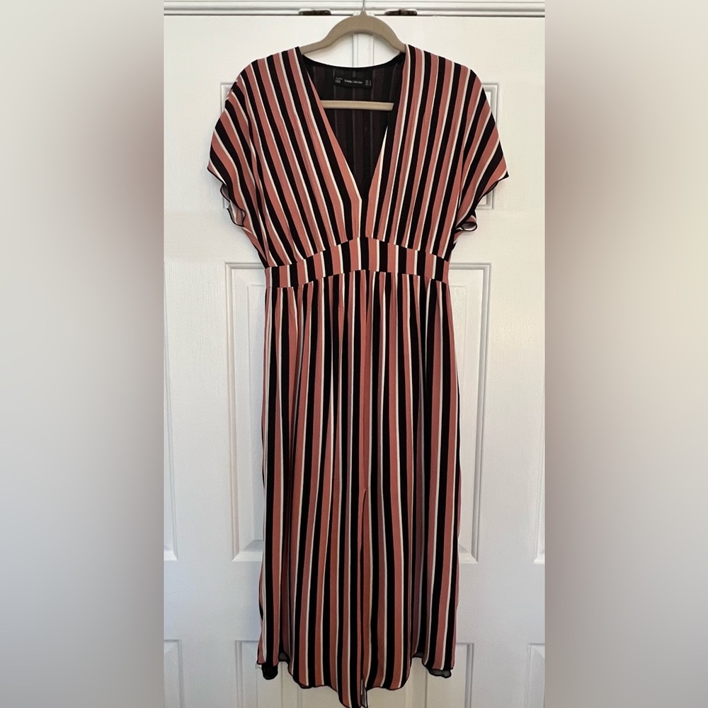 Zara Womens Dress Size S Pink Striped V Neck Center Slit Casual Midi A Line